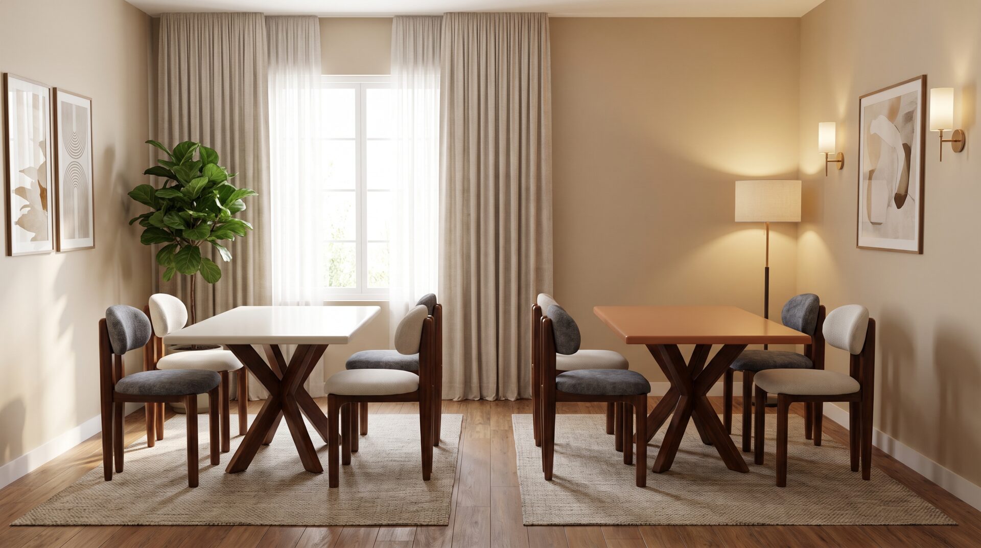 Our twin dining sets in a warm modern living-dining room